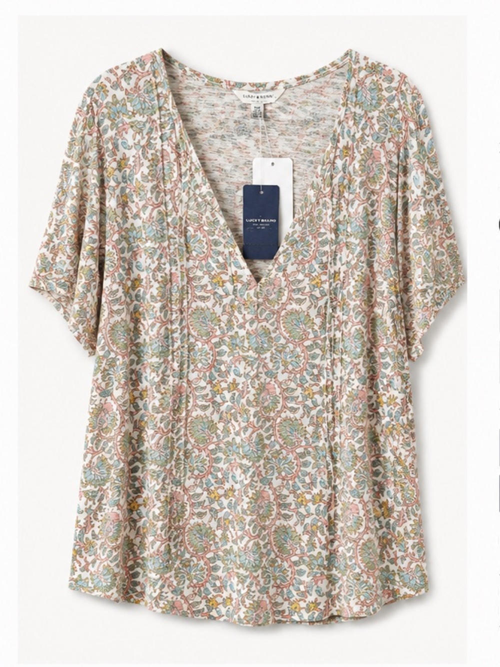Lucky Brand Cream Multi Floral V‑Neck Flutter Sleeve Top